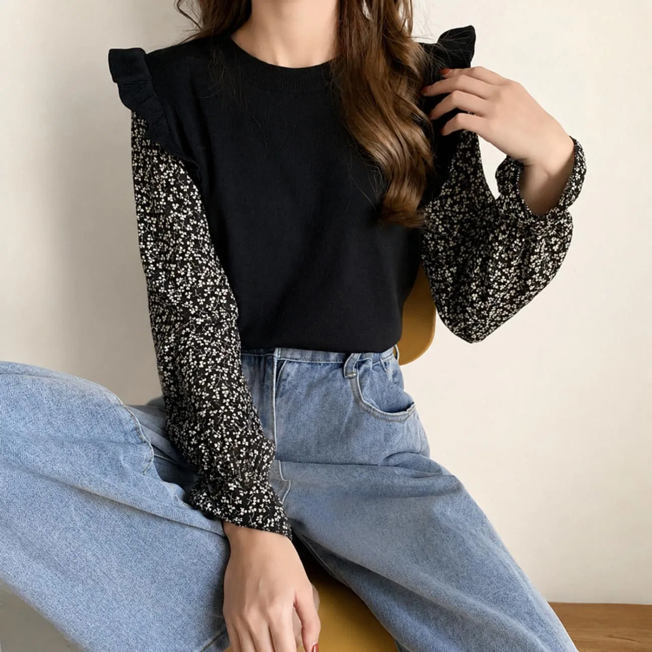 Блуза с цветочным принтом layering top, черный — фото 2