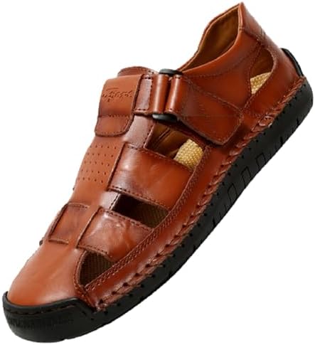 

Мужские кожаные сандалии-рыбаки с вырезами, застежкой-липучкой, плоской подошвой, закрытым носком, мягкой подошвой, ручной прошивкой, для выхода в воду, летние комфортные, противоскользящие повседневные пляжные сандалии Bhdjk, коричневый