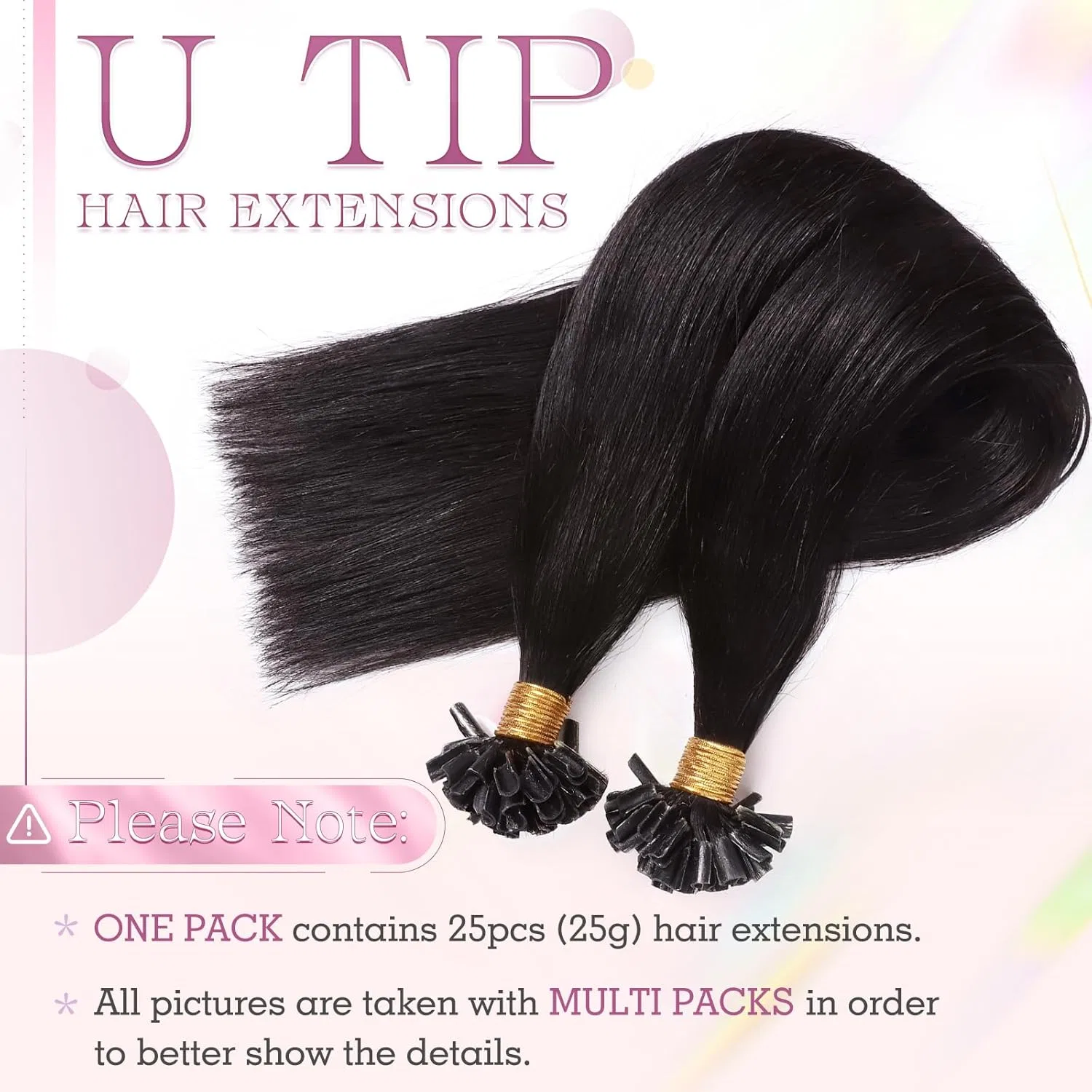 Накладные волосы Elailite Real Hair Extensions Bondings U-tip, кератиновые, прямые, 25 прядей, 25 г, 55 см, черные Elailite, #1B Natural Black — фото 2