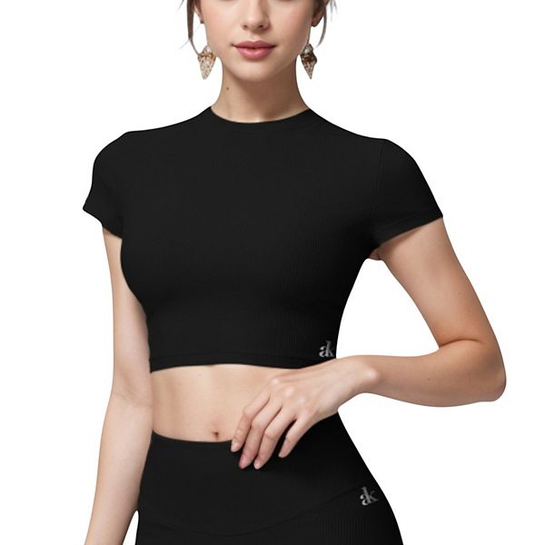 

Женский короткий топ с коротким рукавом, ребристый, с круглым вырезом и эластичной тканью Anna-Kaci, Black