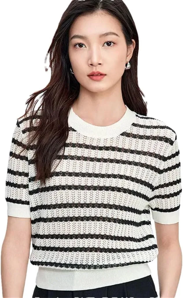 

Женский полосатый пуловер свободного кроя с контрастным цветом и коротким рукавом