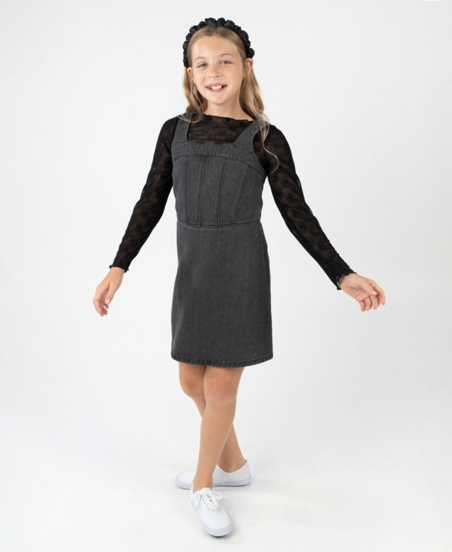 

Комплект из двух предметов для девочек 7-16 лет: сетчатая кофточка с длинными рукавами и джинсовый комбинезон Rare Editions, Black