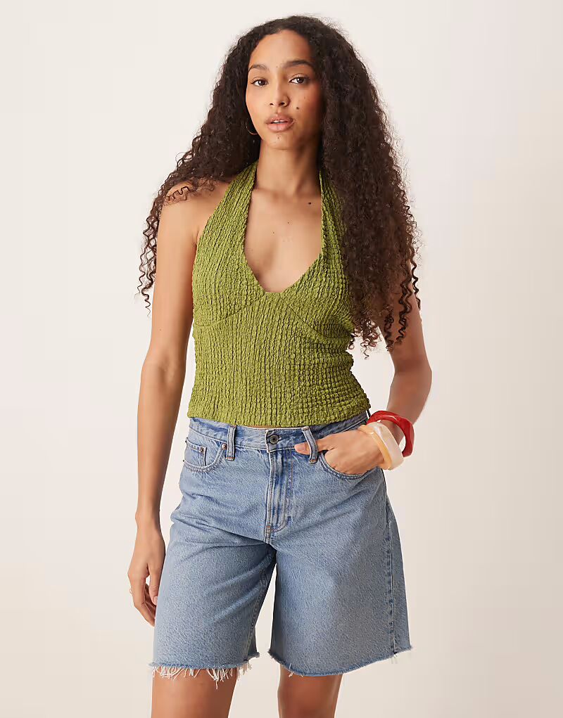 

Текстурный топ с халтер-воротником ASOS DESIGN зеленого цвета