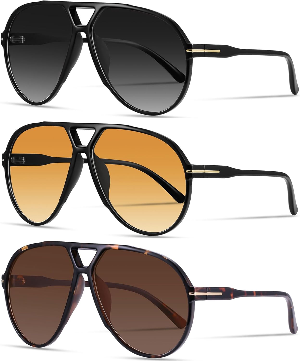 

Большие солнцезащитные очки-авиаторы в стиле ретро для женщин и мужчин. Модные классические солнцезащитные очки в винтажном стиле 70-х годов YMRFW, 3pack (Black/Gradient Gray+black/Gradient Orange+tortoise/Tea)