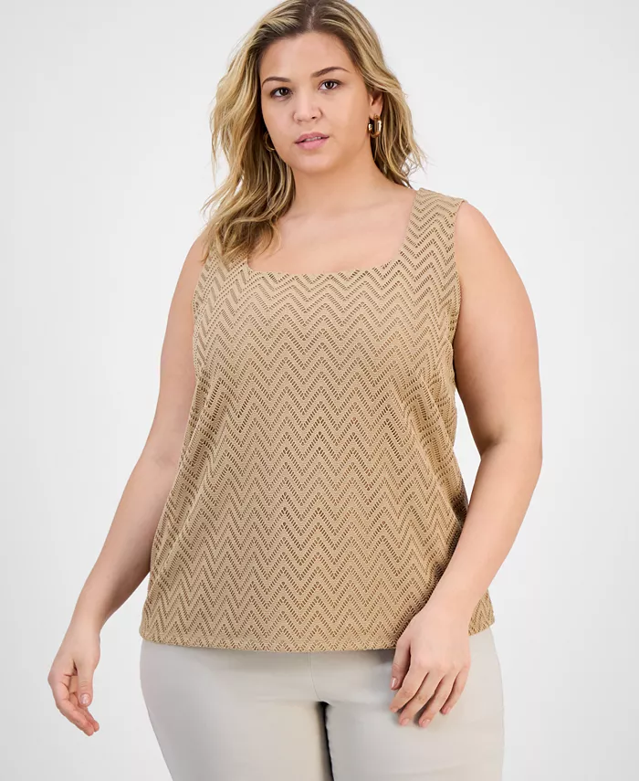 

Майка больших размеров с квадратным вырезом и узором «ёлочка» Kasper, коричневый/бежевый