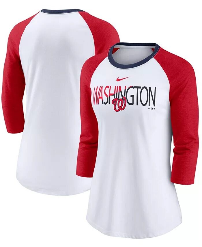 

Женская белая, меланжевая красная футболка Washington Nationals Color Split Tri-Blend с рукавом 3/4 реглан Nike