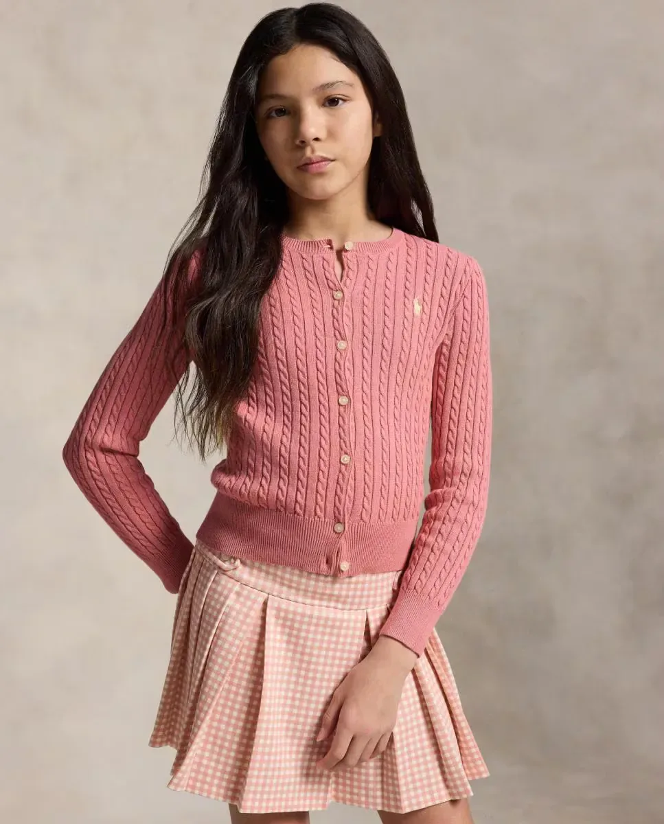 Детский хлопковый кардиган вязкой в косичку Polo Ralph Lauren, коралловый