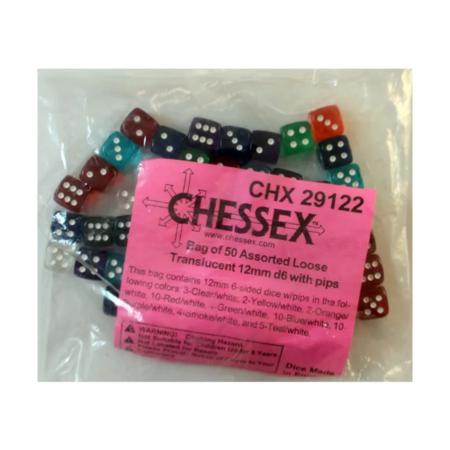 

Полупрозрачные кубики d6 диаметром 12 мм с точками (50), Dice - Bags of Dice (Assorted Colors) (Chessex)