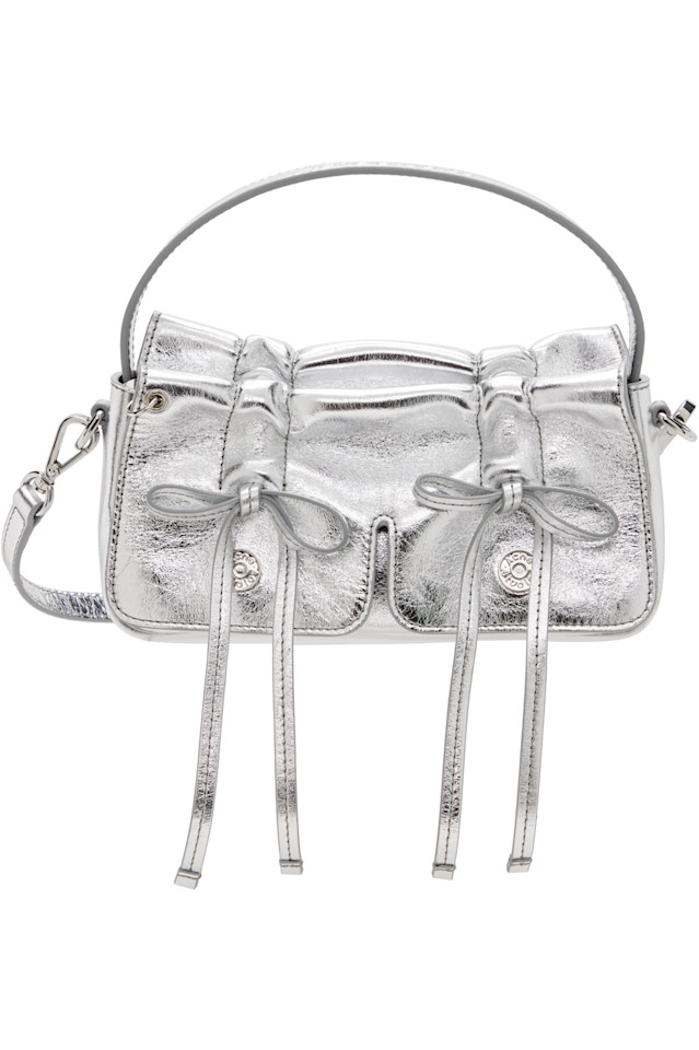 

Многокарманная микрометаллическая сумка Acne Studios, серебро