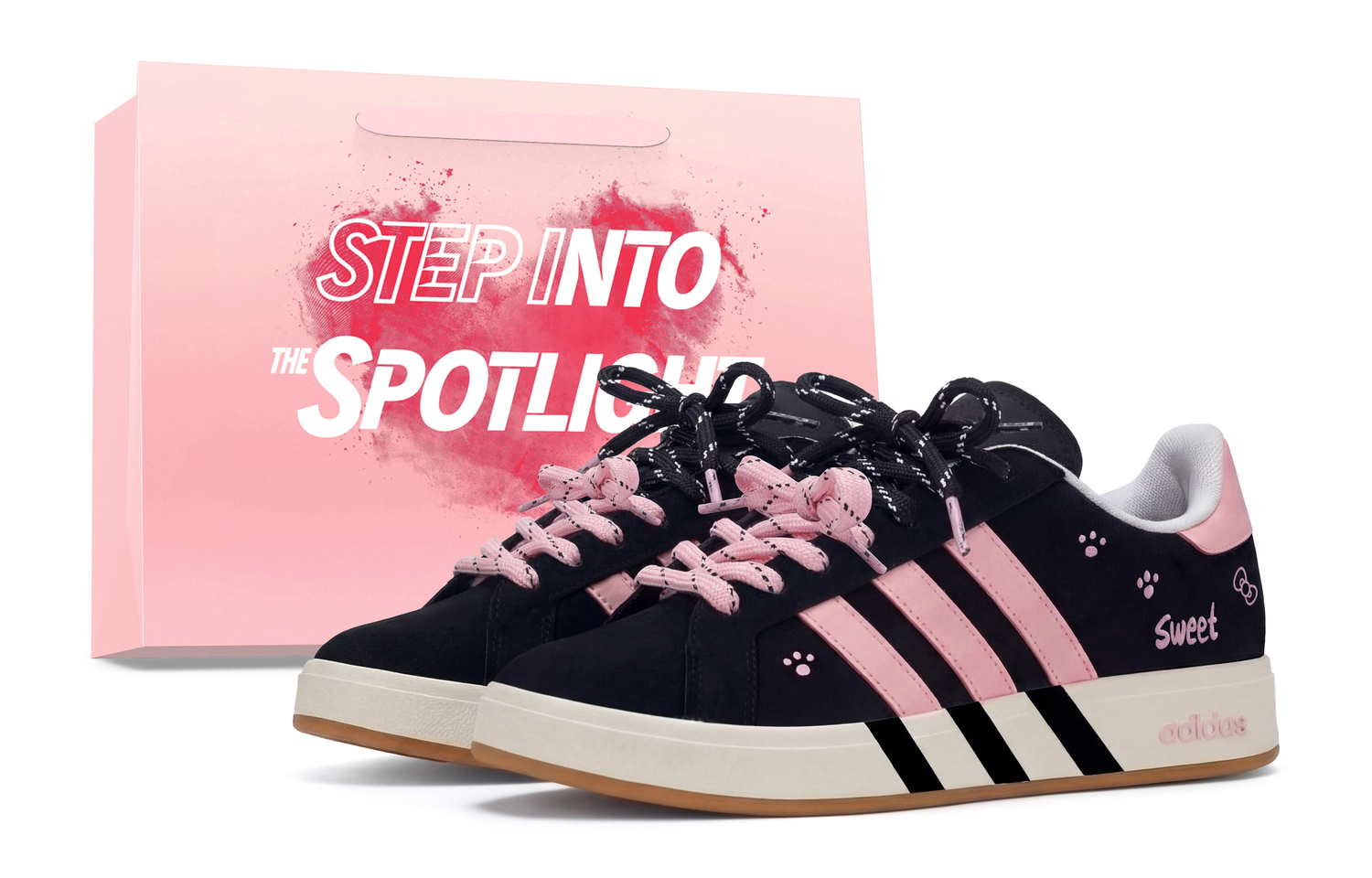 

Adidas Кроссовки для скейтбординга Grand Court Base 00s, износостойкие, низкие, унисекс, черный с розовым принтом