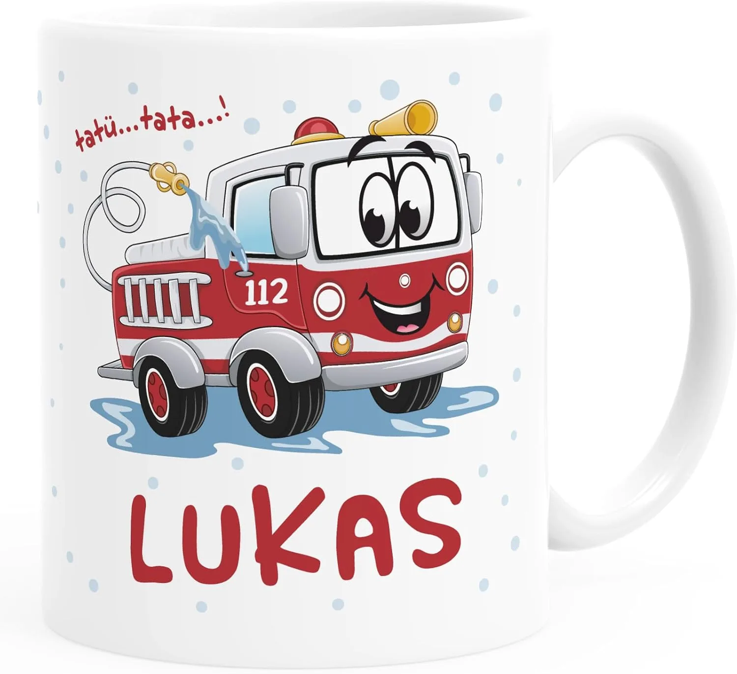 Детская кружка пластиковая с рисунком пожарной машины и именем White Plastic Mug SpecialMe