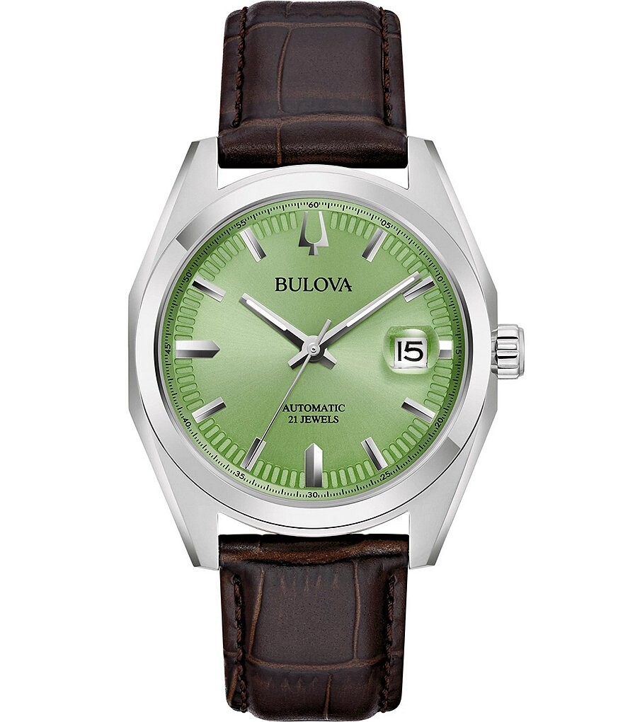 

Мужские механические автоматические часы Bulova Surveyor с коричневым кожаным ремешком, коричневый