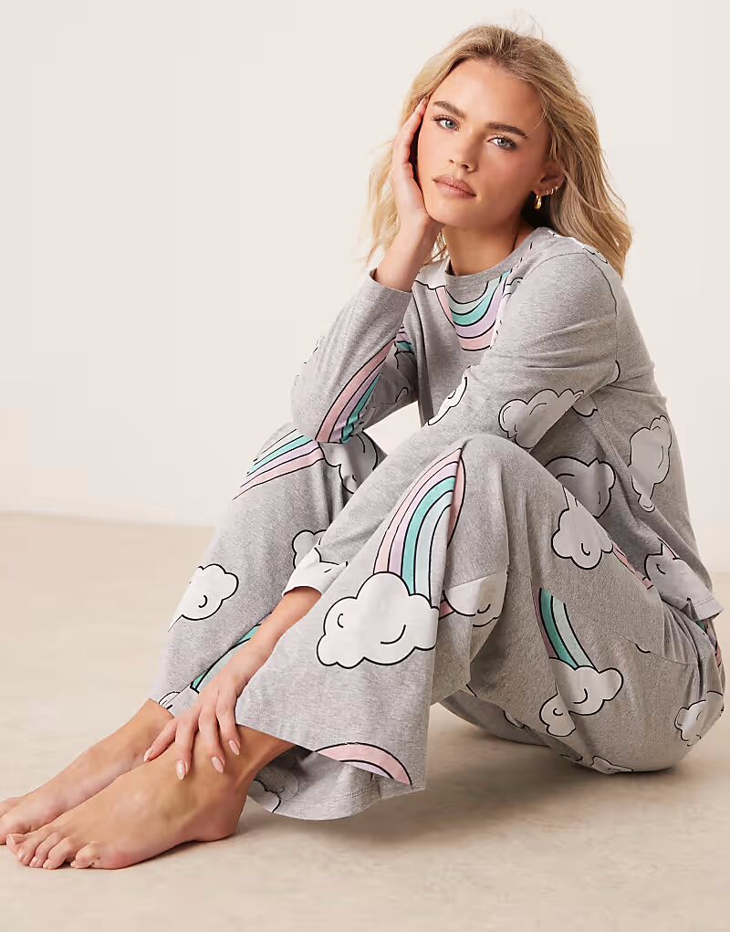 

ASOS DESIGN Petite, пижамный комплект из топа с длинными рукавами и брюк радужной расцветки серого меланжевого цвета