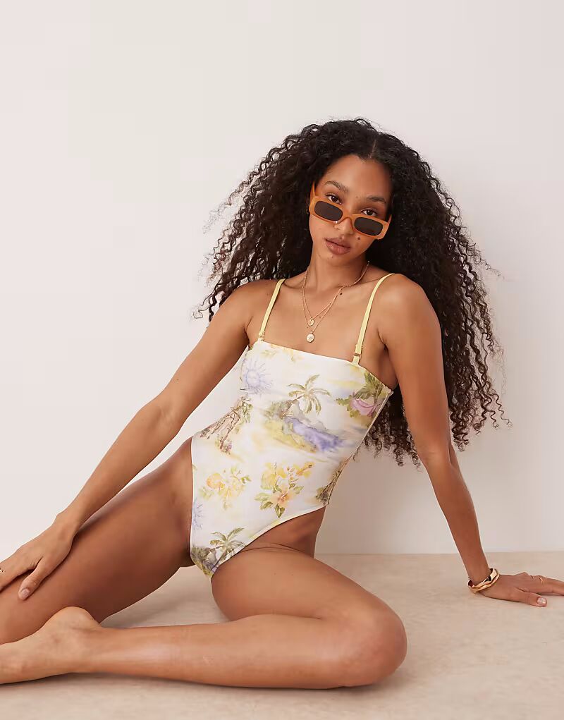 

ASOS DESIGN Солнечный купальник со съемными бретелями и тропическим принтом желтого цвета
