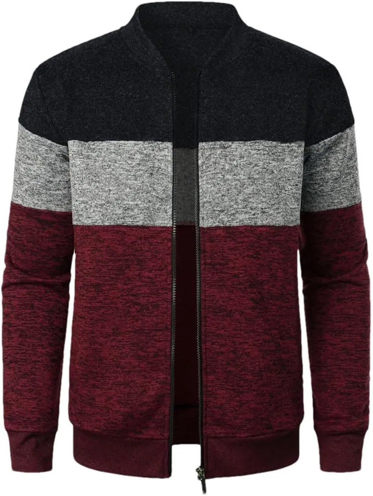 

Мужской вязаный кардиган с воротником стойкой и контрастной полосой