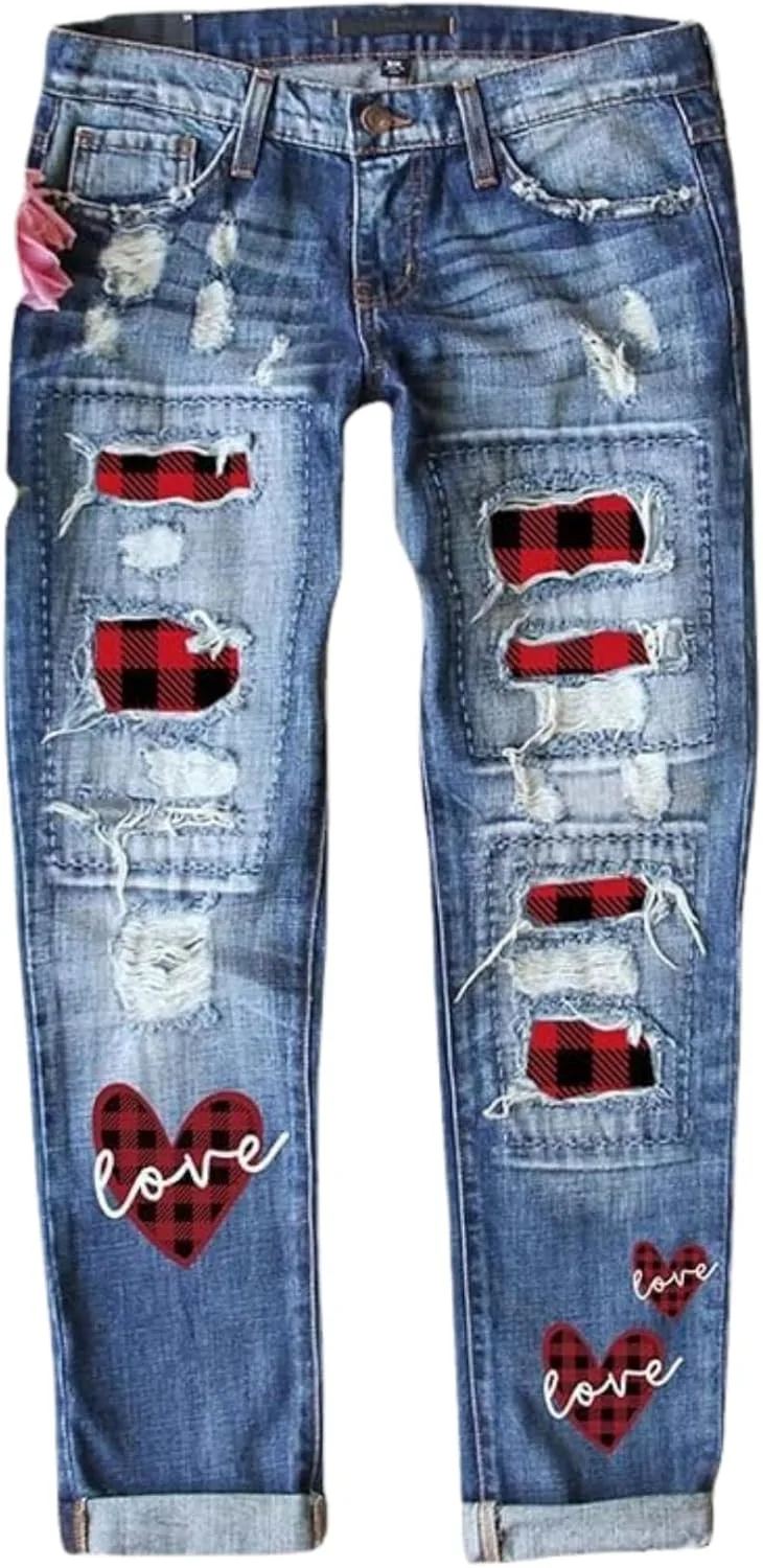 

Скинни джинсы для женщин Mid-Rise с эффектом потертостей и клетчатой заплаткой LIZALIG