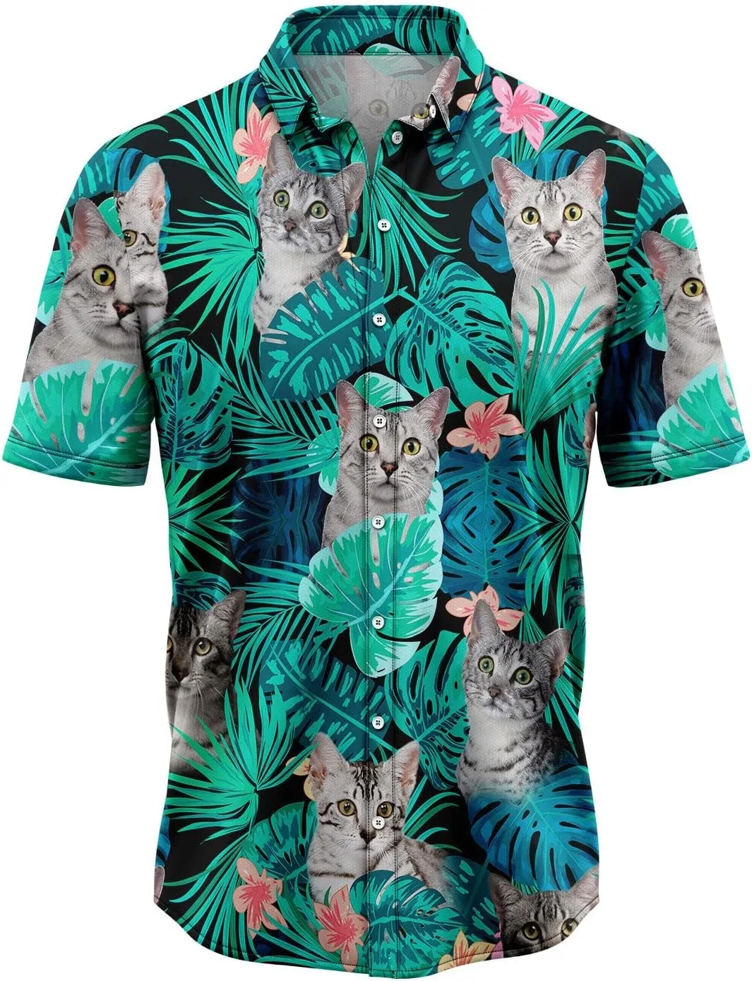 

Персонализированная гавайская рубашка с фото кота и зелеными тропическими листьями