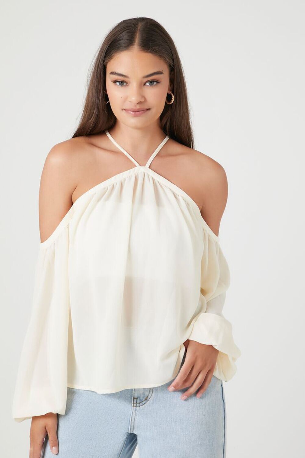 

Топ с открытыми плечами и лямкой на шее Forever 21, слоновая кость