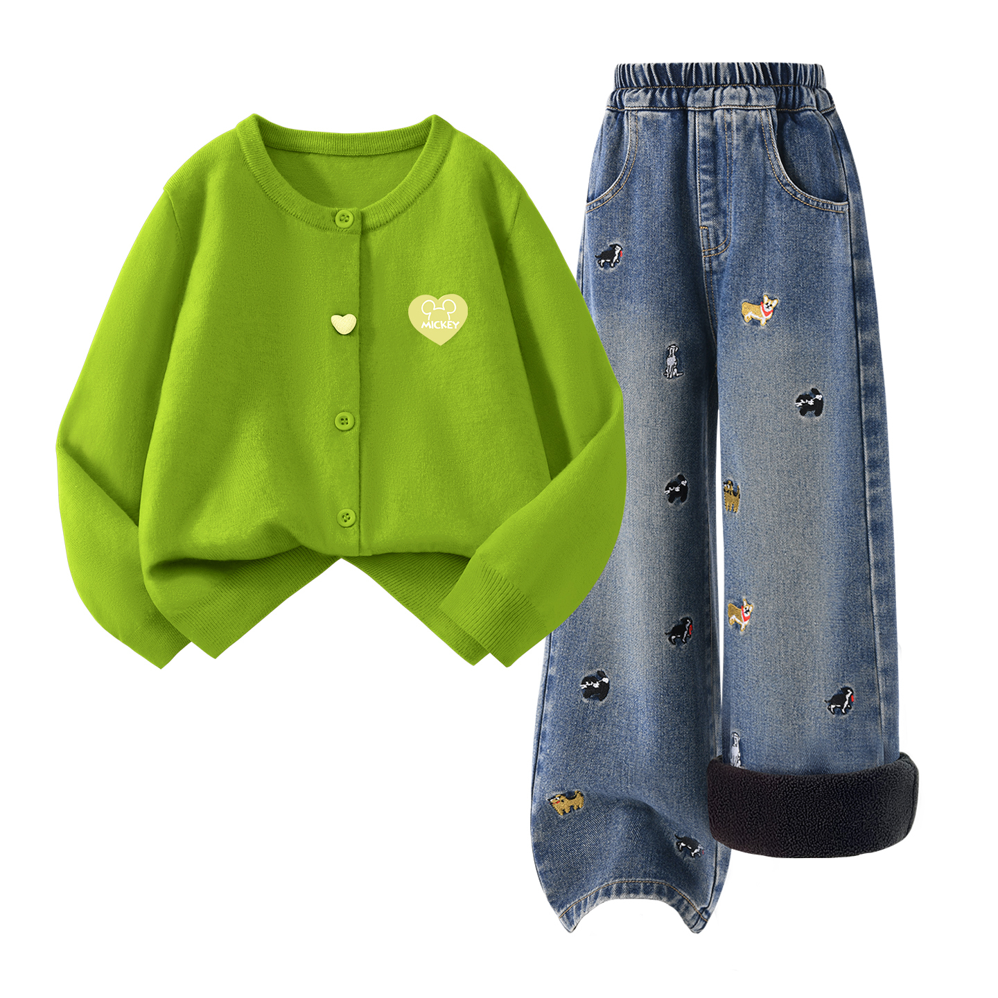 

Детская повседневная спортивная одежда Disney, [Thickened And Fleece-Lined]Dihg Heart-Shaped Hook-And-Loop K Grass Green+Solid Color Denim Blue