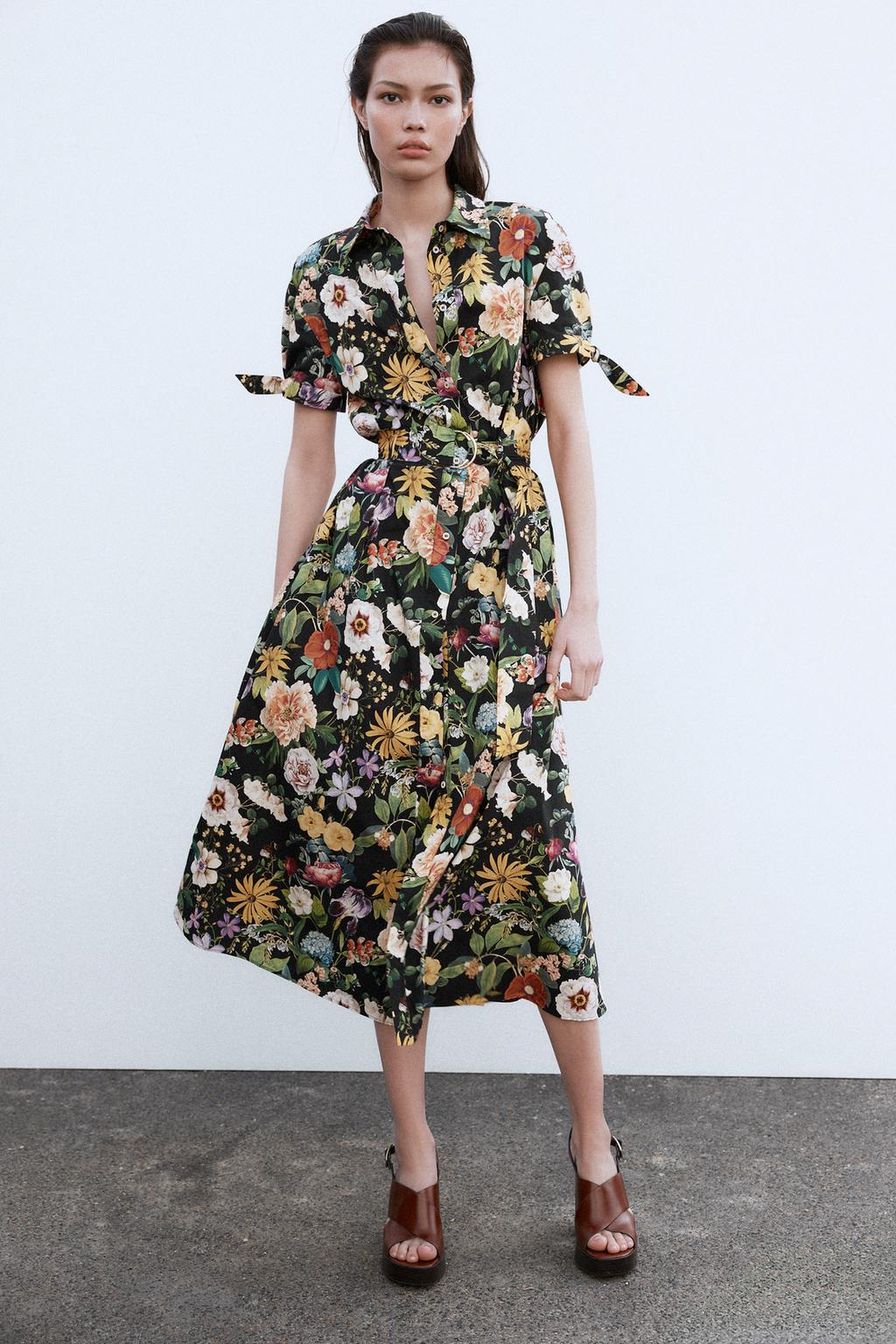 

Платье миди из поплина с цветочным принтом ZARA, разноцветный