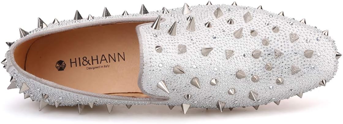 Мужские блестящие кожаные слипоны HIHANN Spikes and Diamonds, лоферы-смокинг Hi&Hann, серебро — фото 3