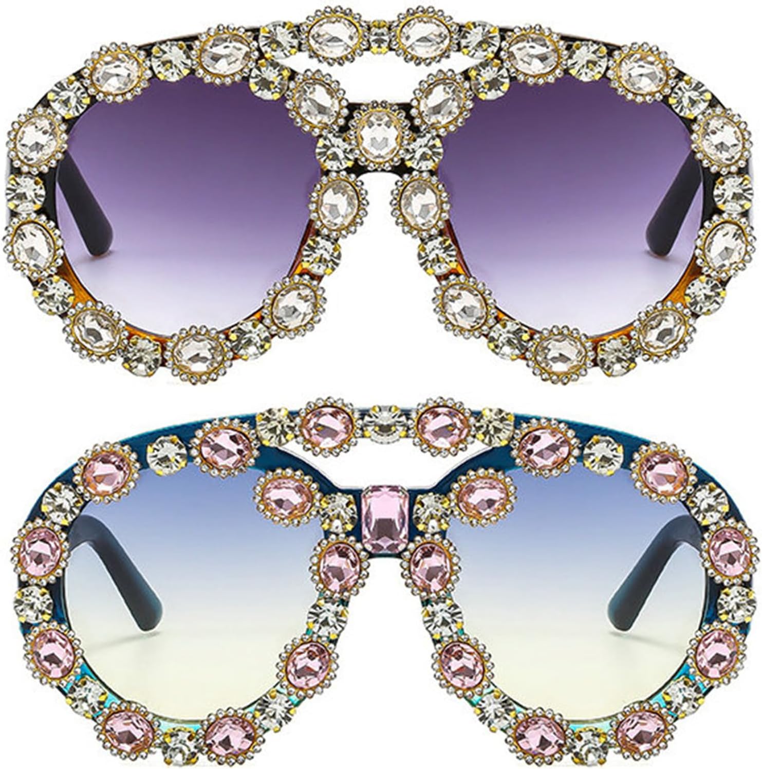 

Солнцезащитные очки Willochra Oversized Bling Diamond Sunglasses для женщин и мужчин в стиле ретро, ​​модные, 90-х, с блестящими стразами, круглые, в форме щита, 2pcs-pink&white