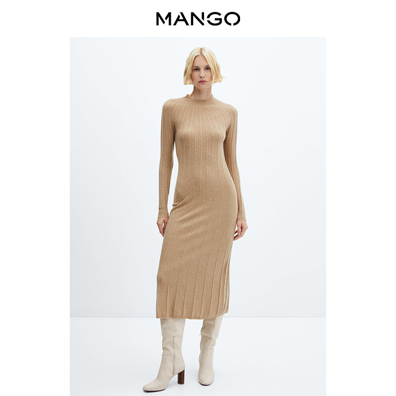 

Женское платье Mango с высоким воротником в рубчик и длинными рукавами, бежевый