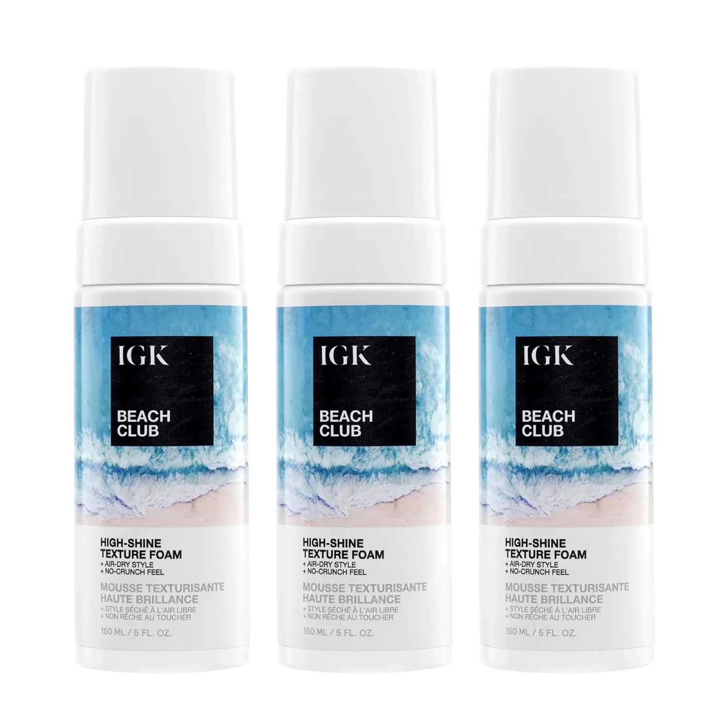 IGK Beach Club High-Shine Texture Foam 3 упаковки - солевая пена для укладки пляжных волн, контроля пушистости и защиты от ультрафиолета, веганская и cruelty-free