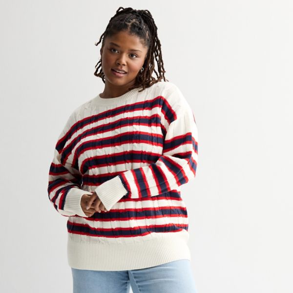 

Молодежный свитер-туника большого размера с косичной вязкой So, цвет cream varsity stripe