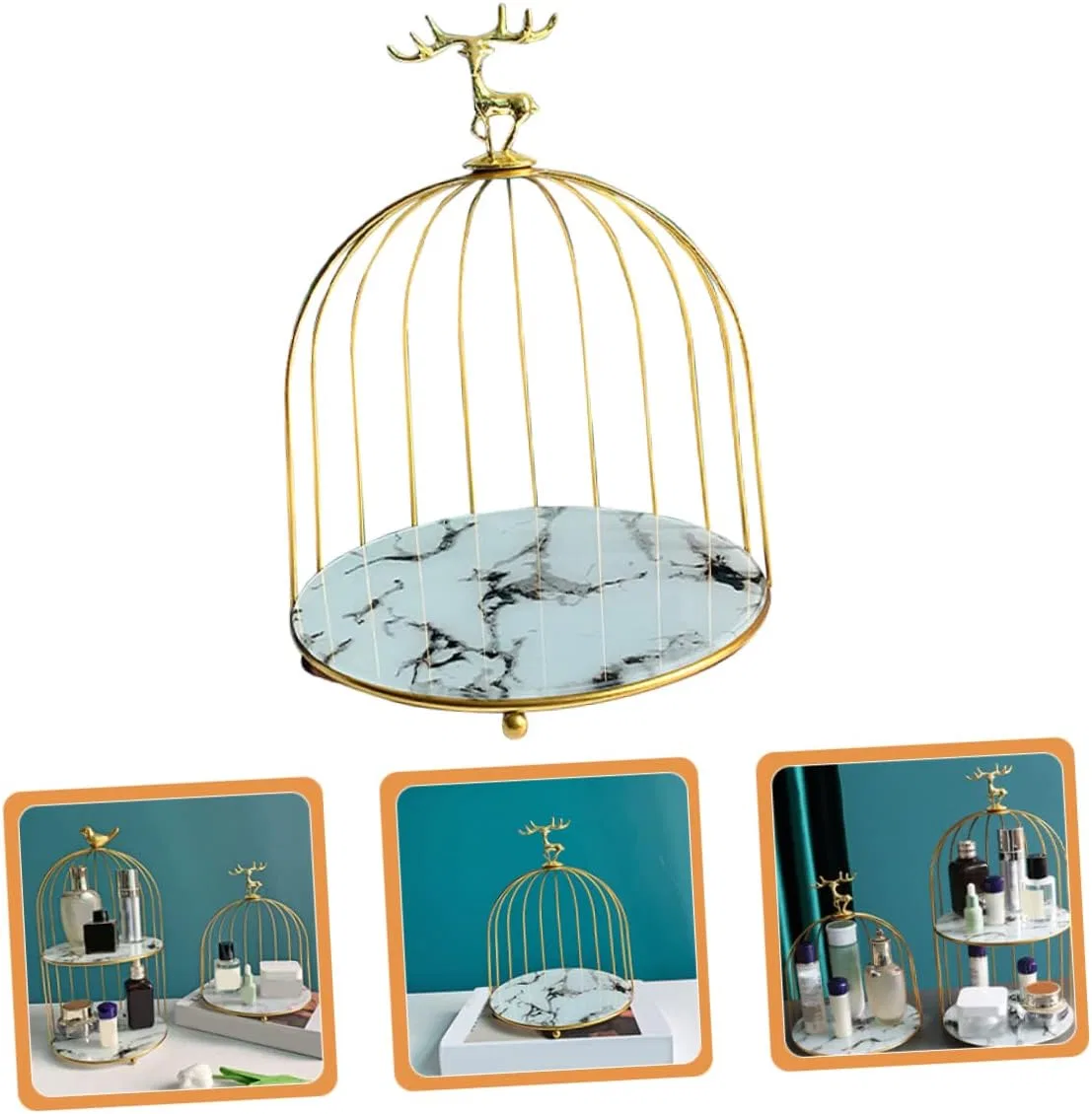 Подставка для косметики Luxshiny двойная клетка золотая 22.5x19.5 см — фото 3