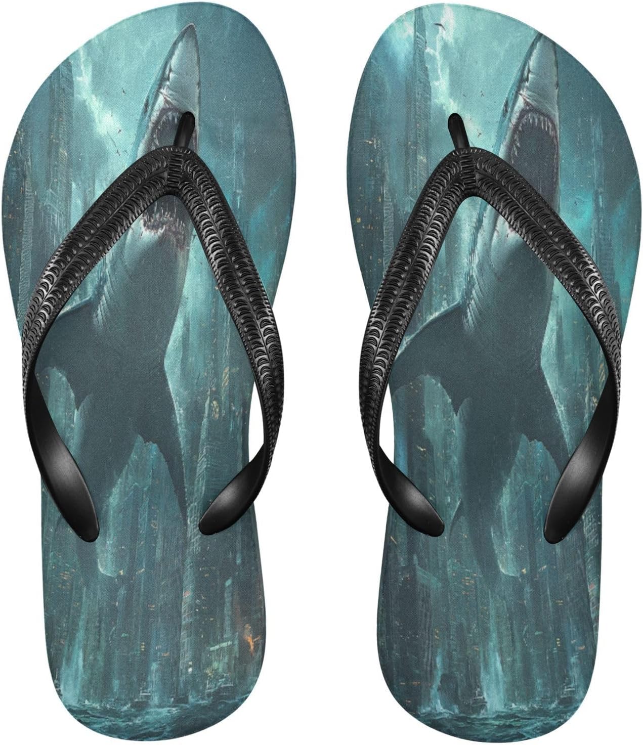 

Вьетнамки с рисунком гигантской акулы, городской пейзаж, бирюзовые, пляжный душ, резиновые нескользящие летние тапочки для мужчин и женщин для прогулок Sinestour