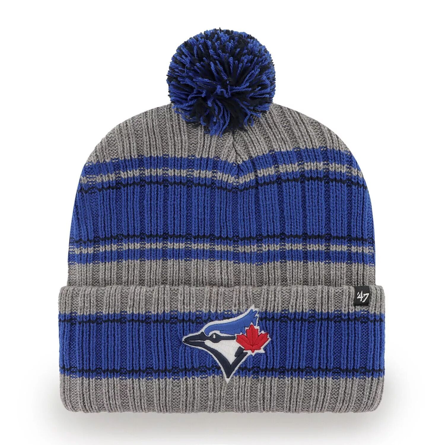 

Мужская серая вязаная шапка с манжетами и помпоном Toronto Blue Jays Rexford '47