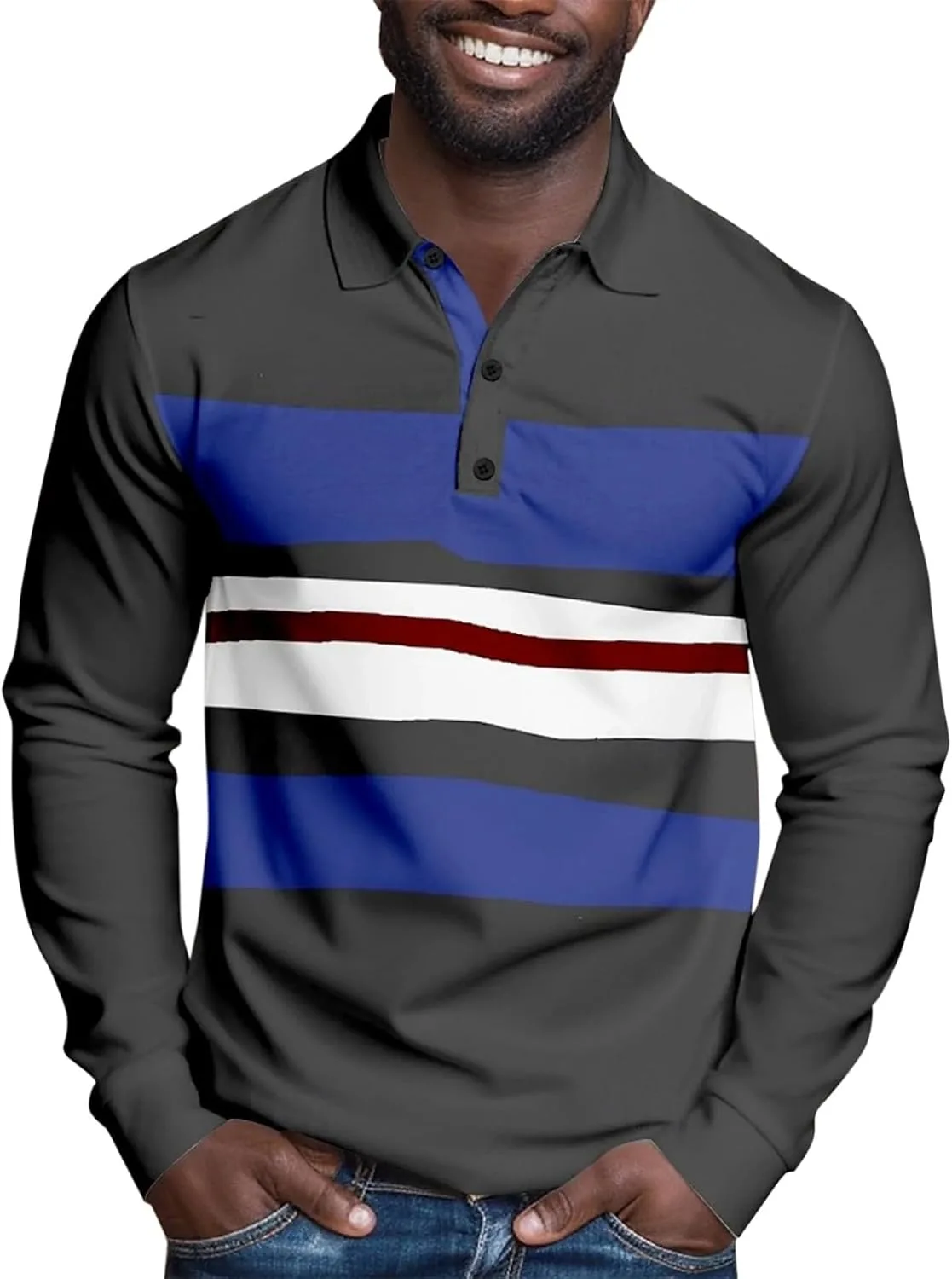 

Мужская поло с полосками и цветными блоками, длинный рукав, свободный крой