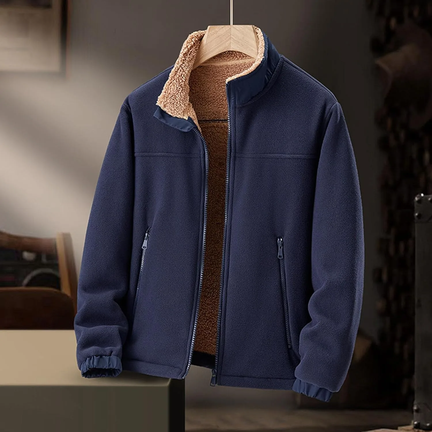 Куртка Sherpa мужская на подкладке из шерсти, утепленная искусственной овчиной, уютная теплая флисовая куртка с воротником стойкой и молнией, зимняя верхняя одежда Generic, темно-синий — фото 2