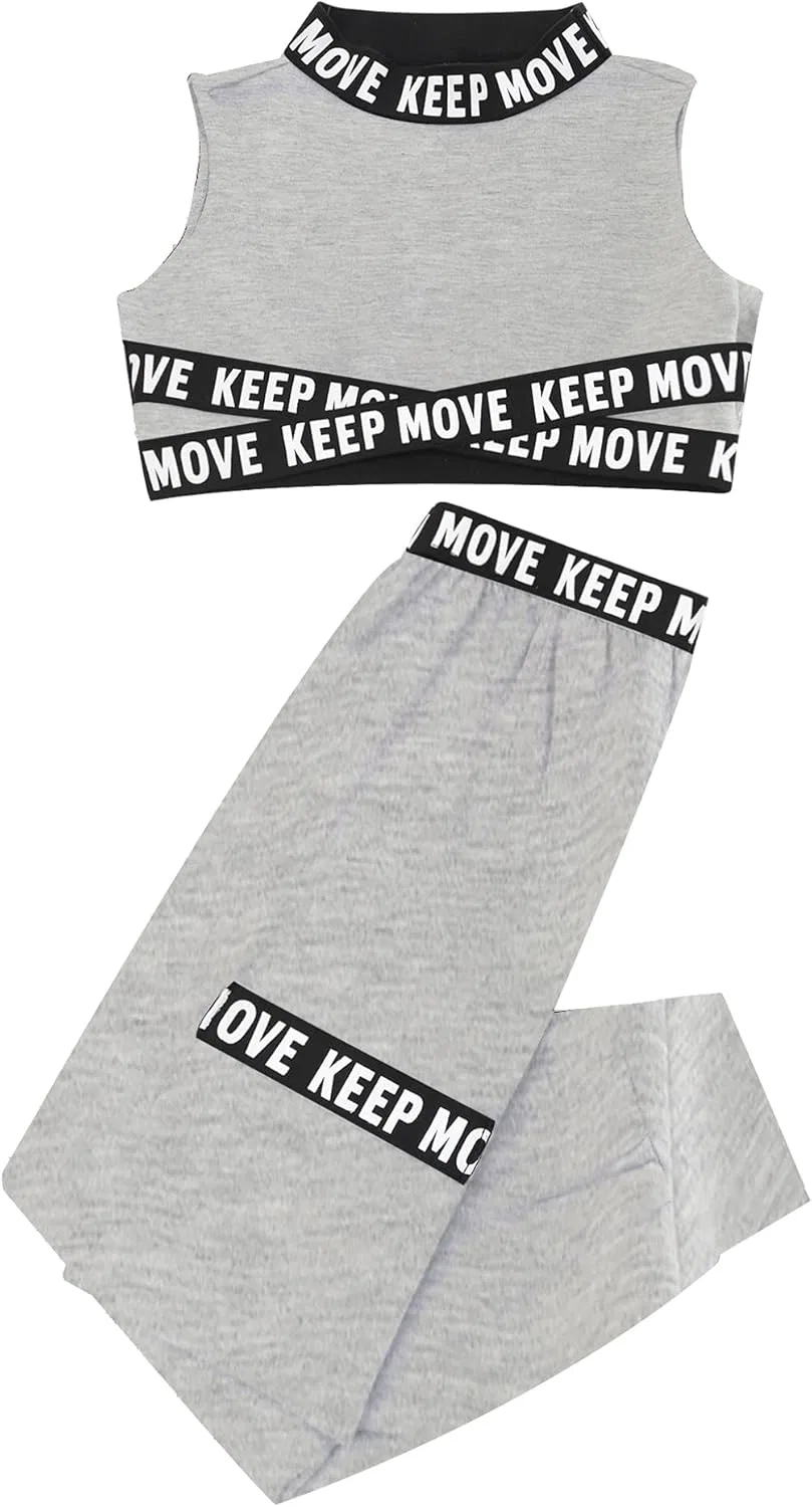 Детский спортивный костюм с принтом Moggemol, топ и леггинсы, Grey Sleeveless — фото 3