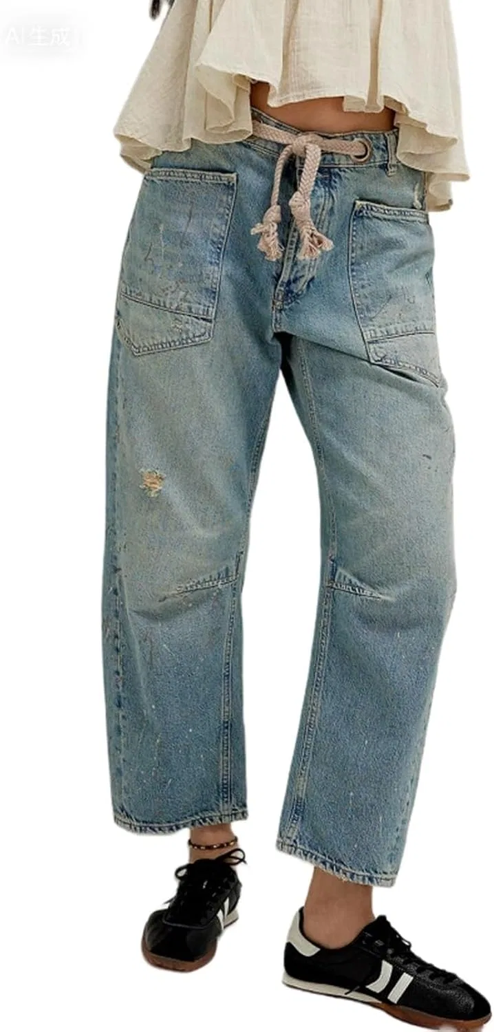 Джинсы мешковатые с завязками, Vintage Washed, Patchwork, 16
