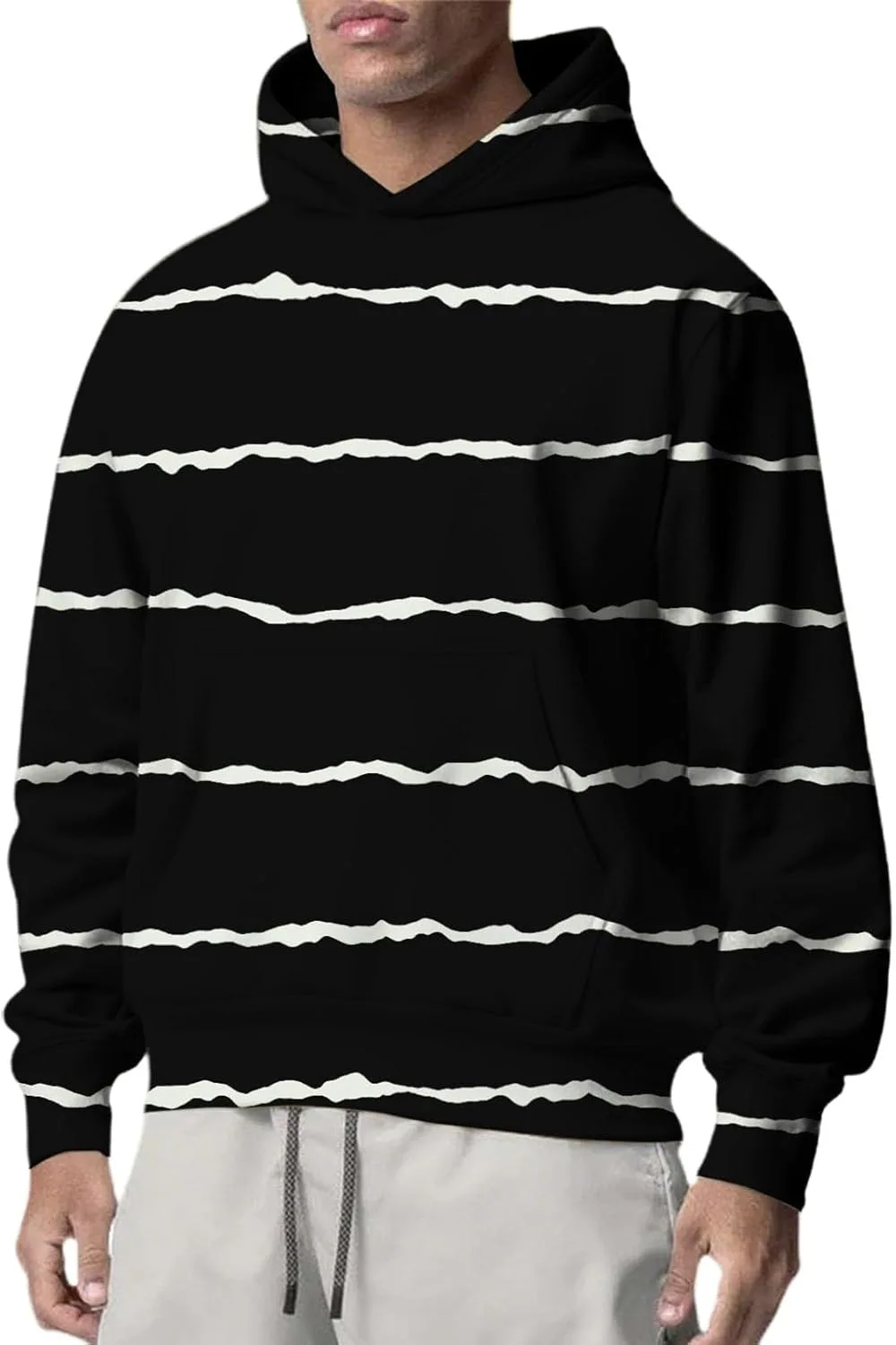 

Мужская полосатая толстовка с капюшоном, длинный рукав, карман-кенгуру, свободный крой