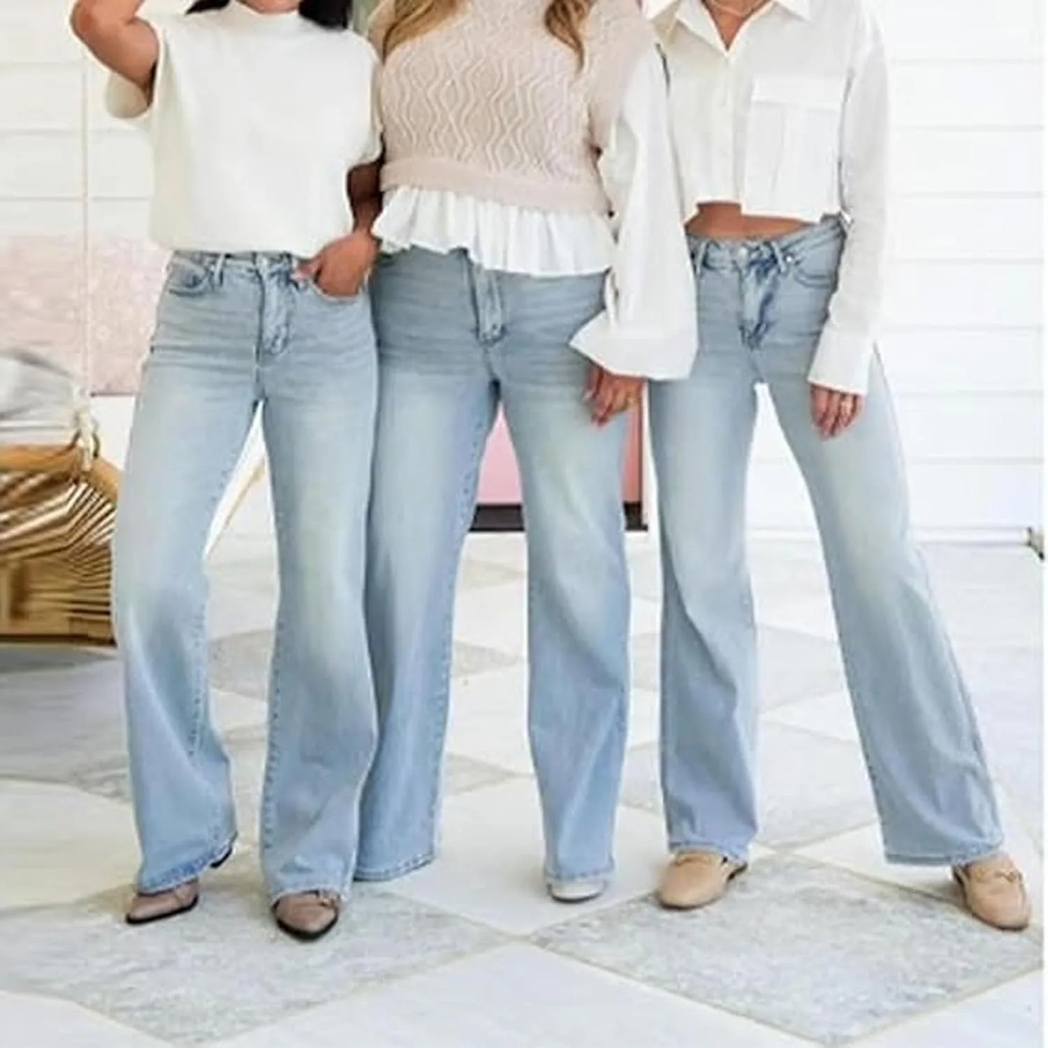 Винтажные джинсы Plus-Size Stretchy, Casual High Waisted Tummy Control, Wide Leg — фото 3