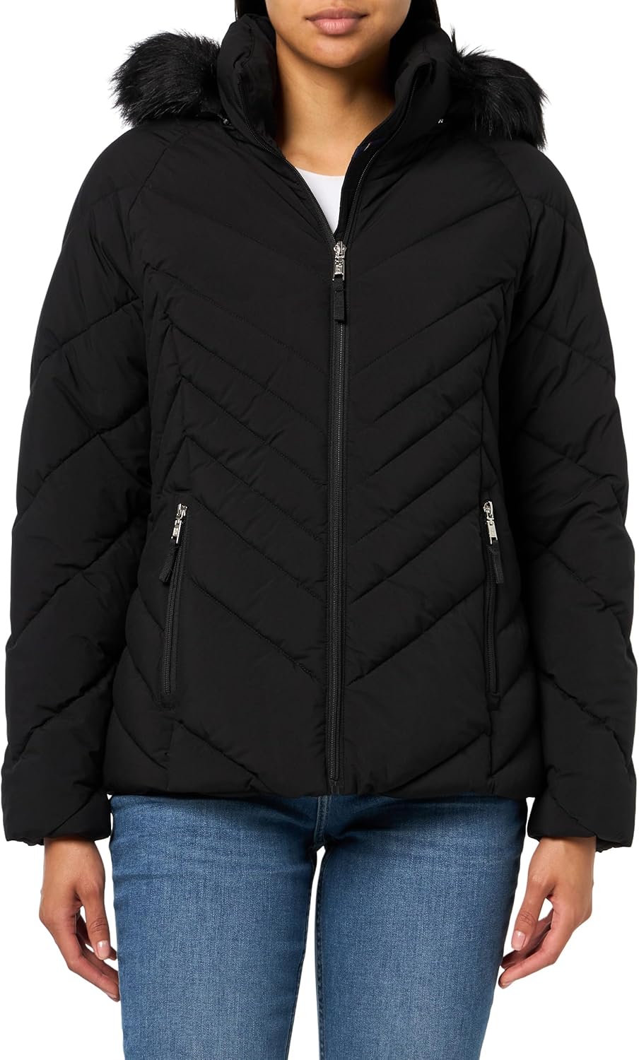 

Женская короткая стеганая куртка Tommy Hilfiger с отделкой из искусственного меха, Black