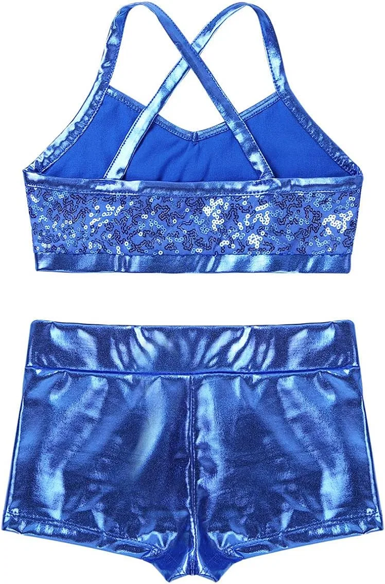 Детский спортивный костюм с пайетками Linjinx, топ и шорты, Light_blue — фото 4