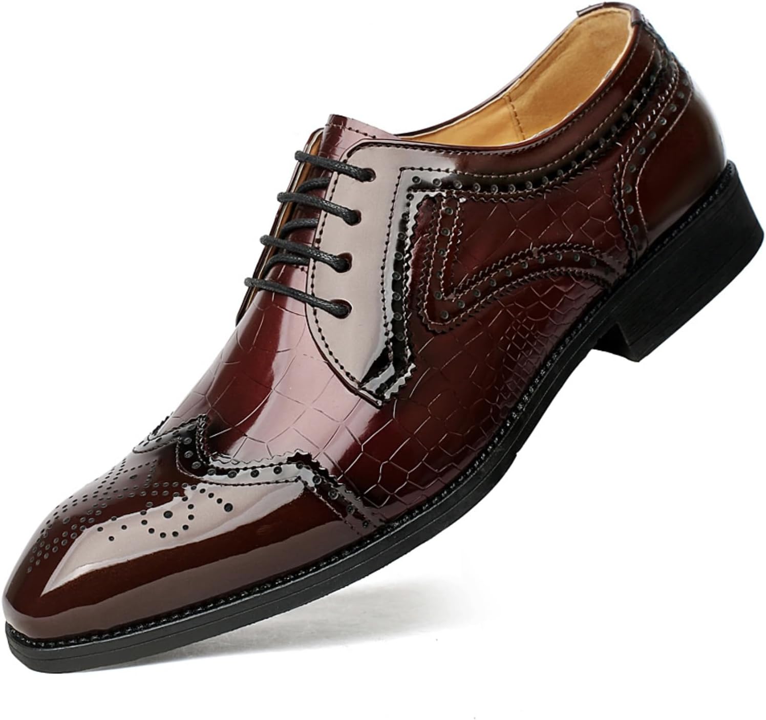 

Мужские туфли оксфорды с перфорацией и крыльями из лакированной кожи - заостренный носок, тиснение под аллигатора, противоскользящие и удобные для официальных деловых встреч и вечеринок Kelibasi, красный