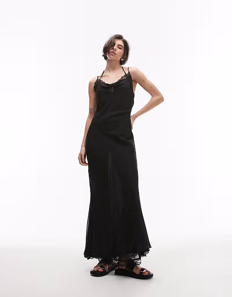 

Платье макси SNDYS с воротником-хомутиком и кружевной отделкой, черное