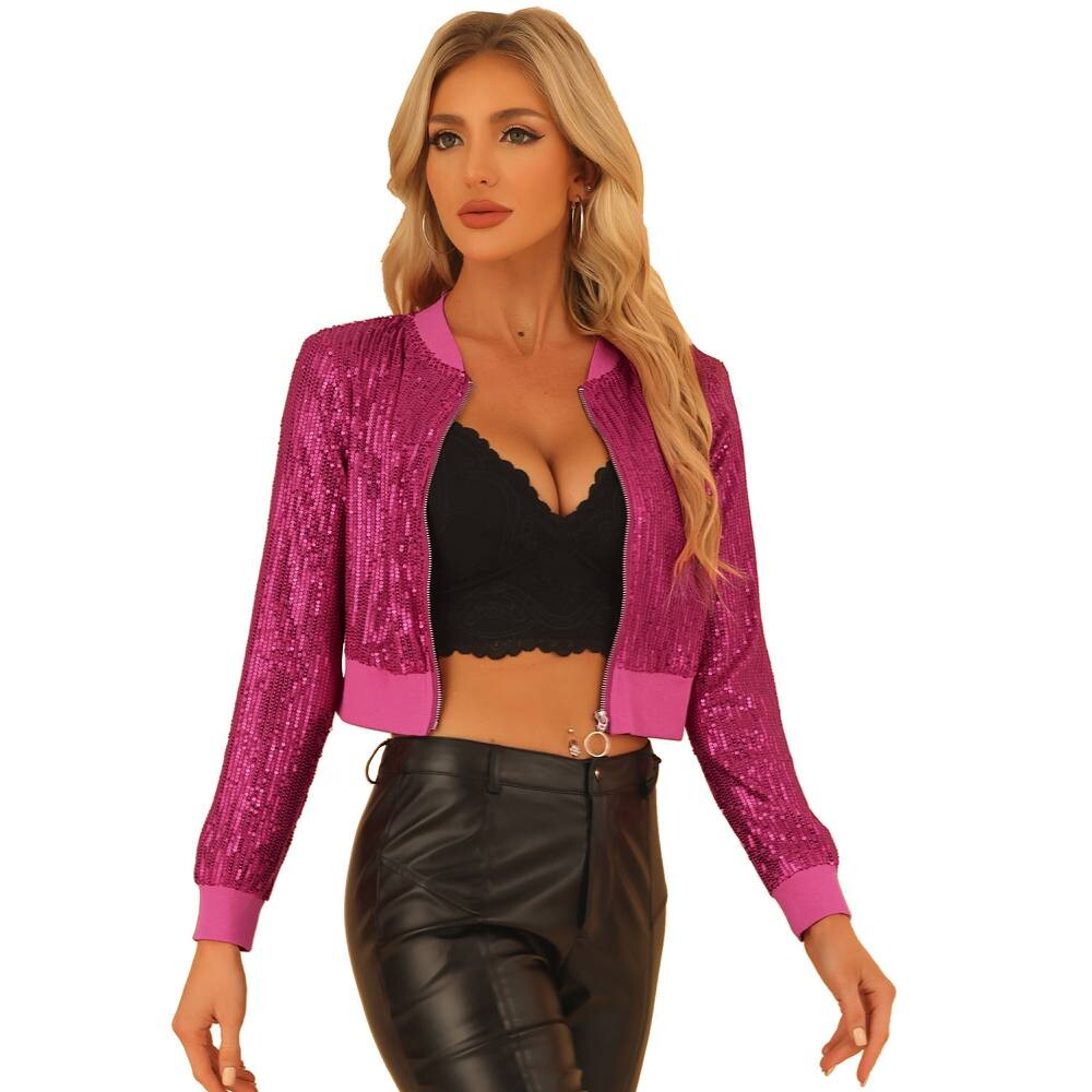 

Женский укороченный бомбер с блестками и молниями ALLEGRA K, цвет Hot Pink