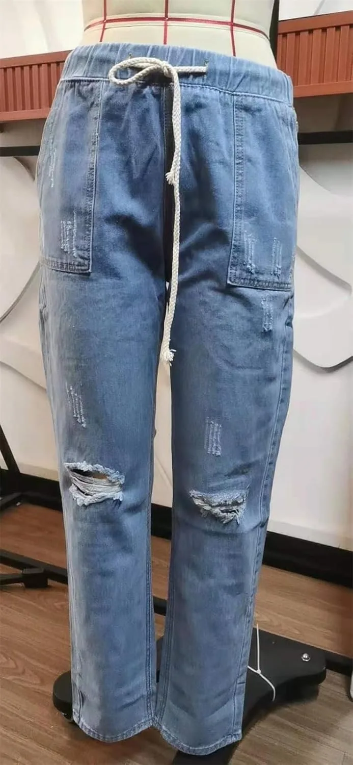 Женские джинсы Skinny с завязками на поясе, высокие, с прорезями на коленях — фото 2
