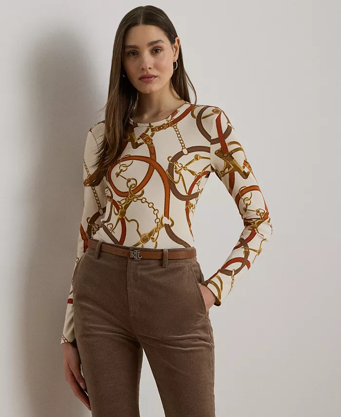 

Футболка из хлопка с длинными рукавами и принтом пояса Petite Lauren Ralph Lauren, белый