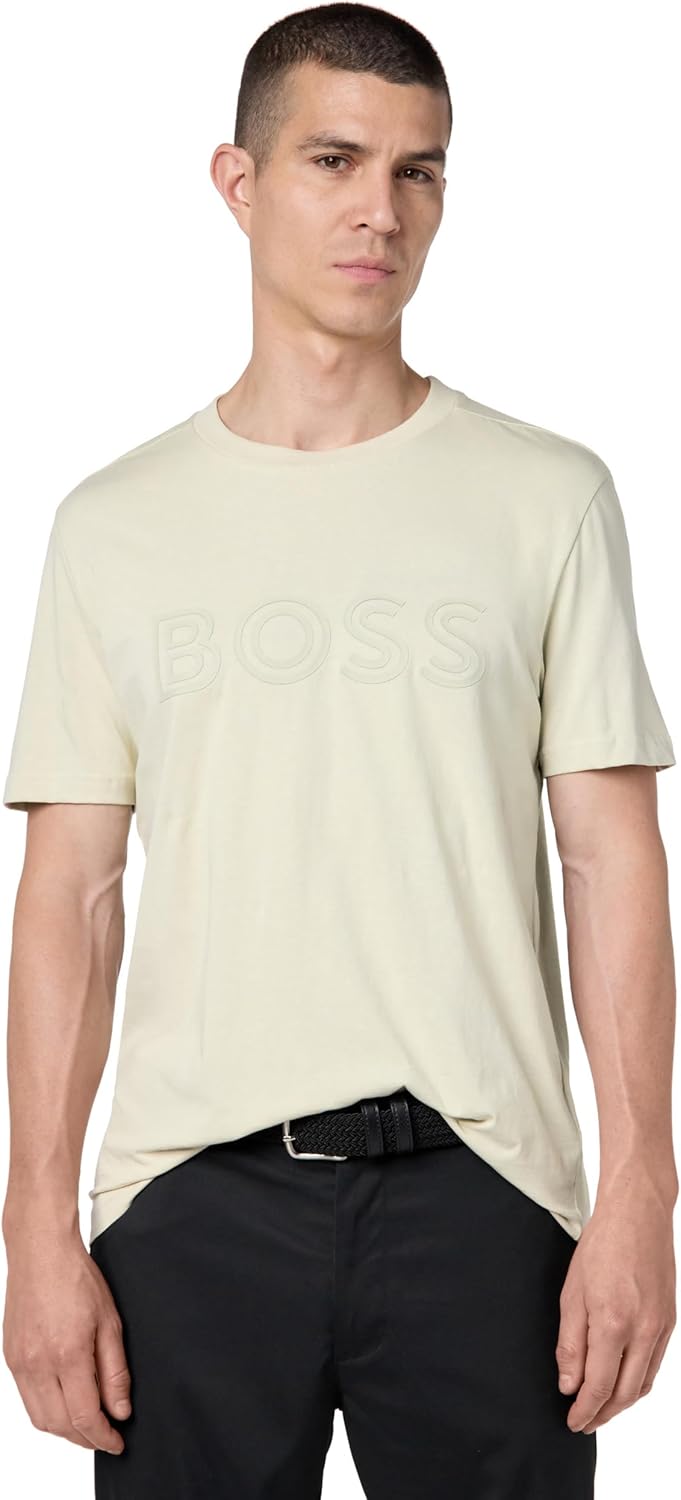 

Мужская футболка BOSS с круглым вырезом и контурным логотипом, Oat Cream