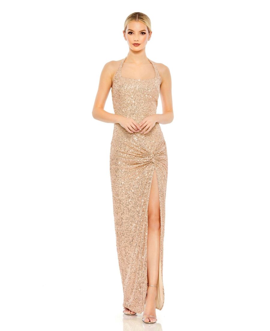 

Женское платье с пайетками, бретелями через шею и низким боковым узлом Mac Duggal, Rose gold