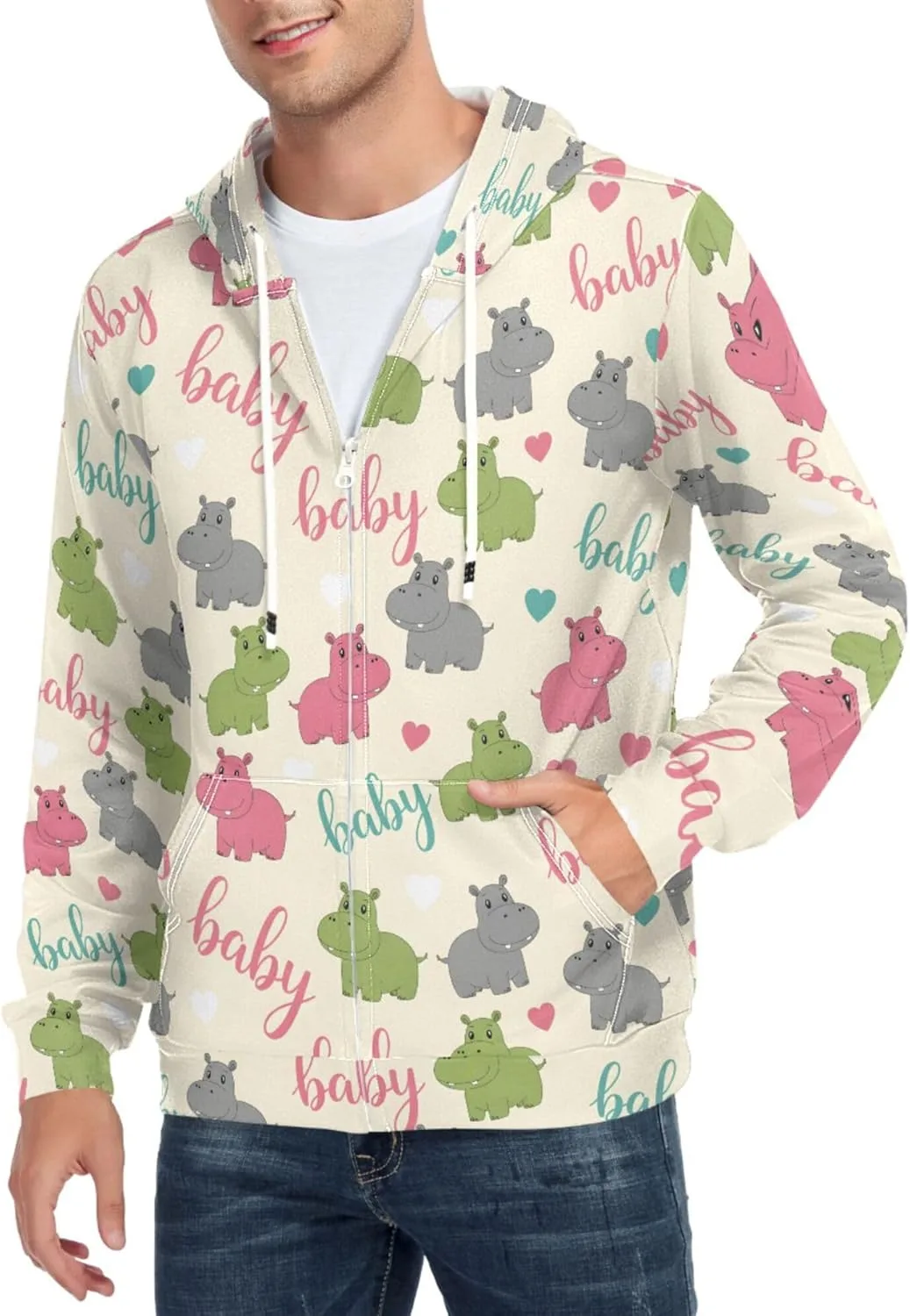 

Мужская толстовка с капюшоном на молнии Hippo Hearts, с карманом CUPADA