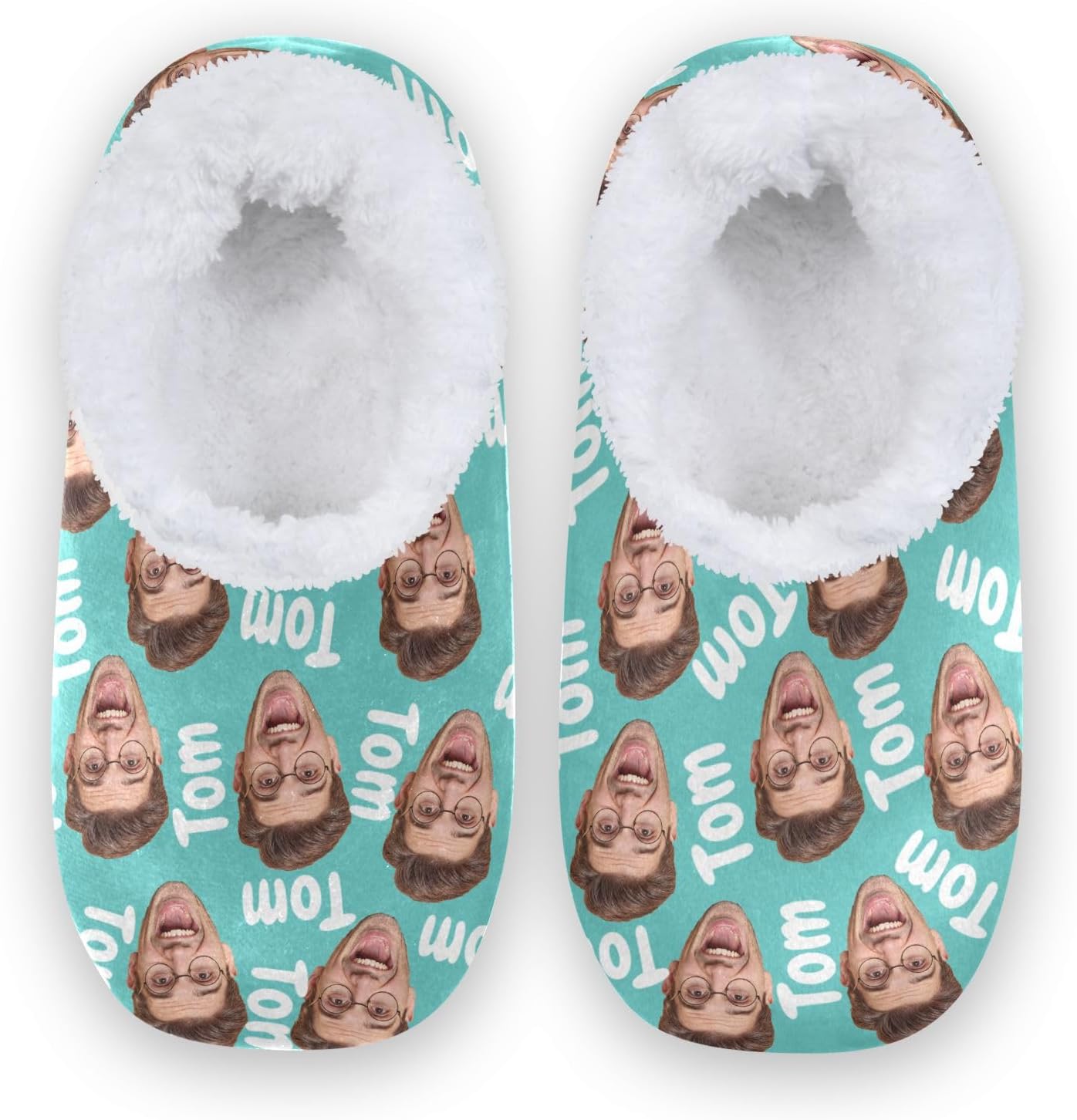 

Женские и мужские домашние тапочки с закрытой пяткой из мягкой памяти, с вязкой, подкладкой из флиса, с фото лица и текстом, теплые носки для отеля, дома и улицы Innewgogo, бирюзовый