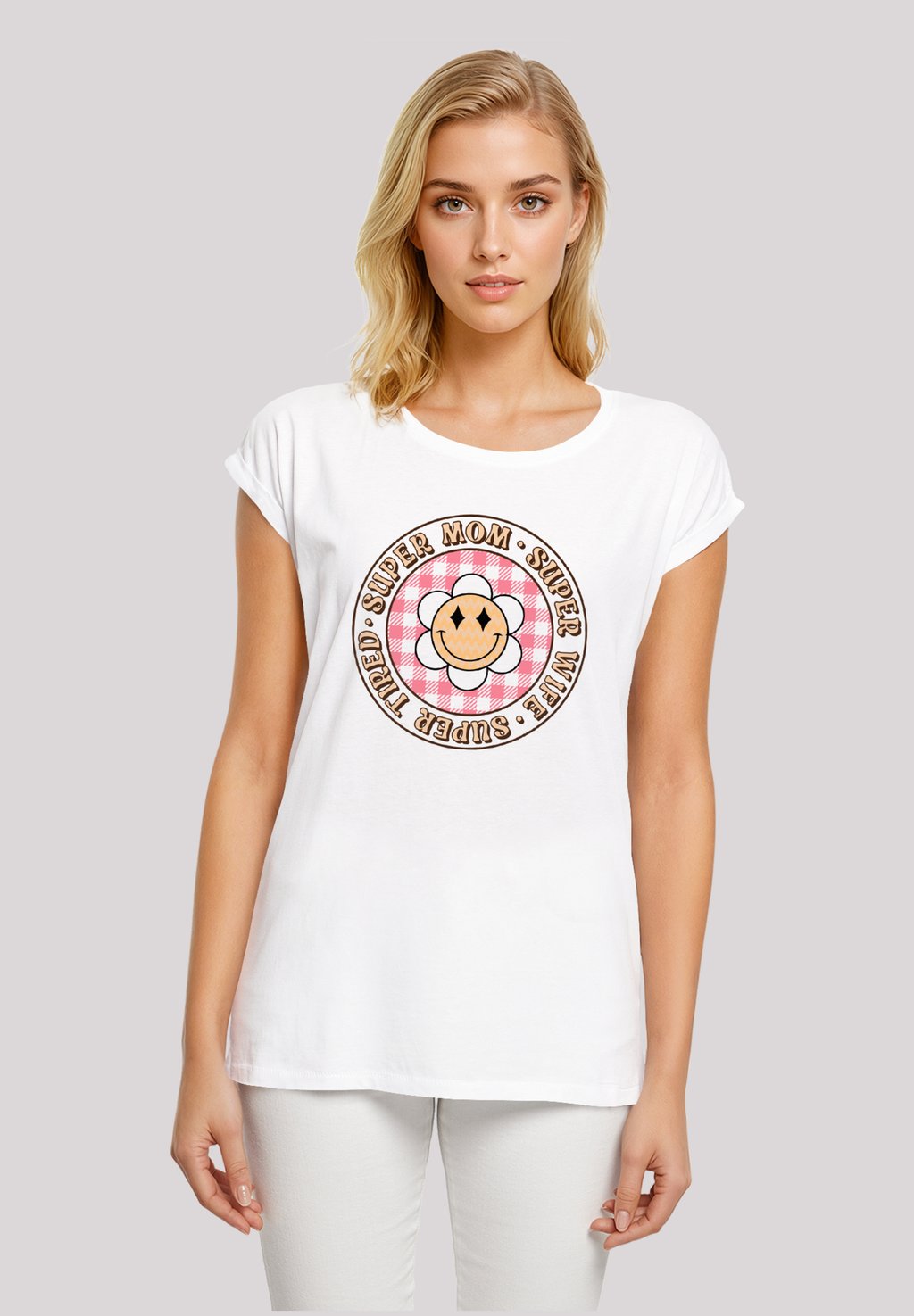 

Футболка с принтом MUTTERTAG SUPER MÜDE MAMA RETRO BLUMEN F4NT4STIC, белый